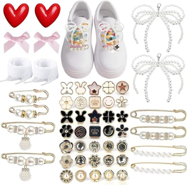 Shoe Charms for Sneakers Women, 51PCS Contain Pearl Lace Bow...