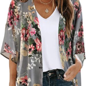 Women's Floral Print Puff Sleeve Kimono Cardigan Loose Cover...
