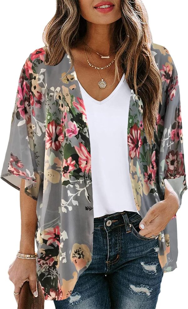 Women's Floral Print Puff Sleeve Kimono Cardigan Loose Cover...