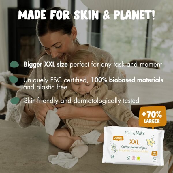 Naty Compostable XXL Baby Wipes - Unscented, 100% Plant-Base...