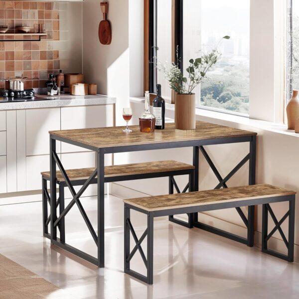 VECELO Kitchen Table with 2 Benches for 4, 43.3'' Wood Dinin...