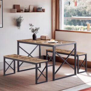 VECELO Kitchen Table with 2 Benches for 4, 43.3'' Wood Dinin...