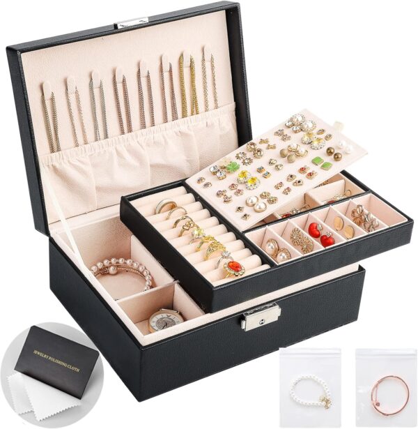 Jewelry Boxes for Women Girls 2 Layers leather Jewelry Organ...
