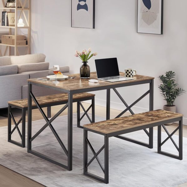 VECELO Kitchen Table with 2 Benches for 4, 43.3'' Wood Dinin...