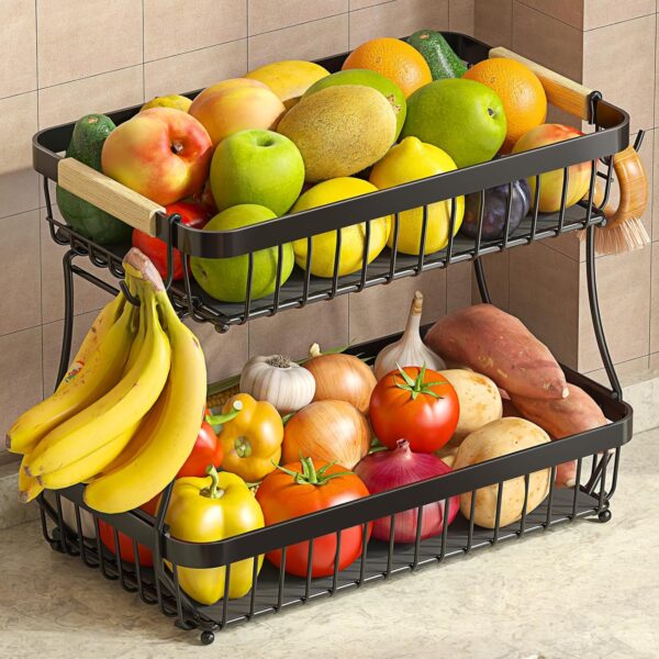 2 Tier Fruit Basket for Kitchen Counter with 2 Mobile Banana...