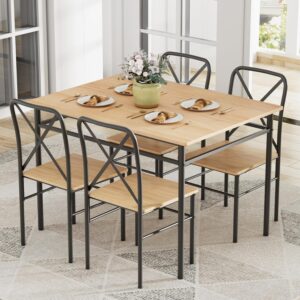 VECELO 5-Piece Kitchen Dining Table Set, Wood Tabletop & Hea...