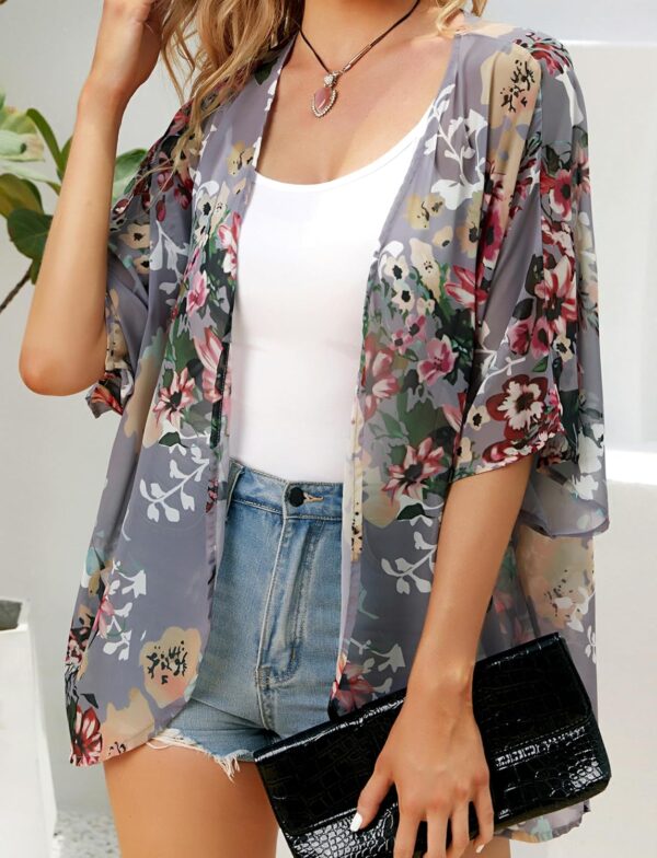 Women's Floral Print Puff Sleeve Kimono Cardigan Loose Cover...