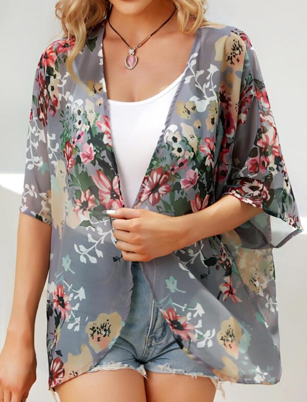 Women's Floral Print Puff Sleeve Kimono Cardigan Loose Cover...