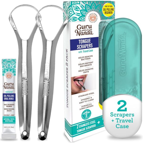 GuruNanda Tongue Scraper for Adults (2 Pack) with Travel Cas...