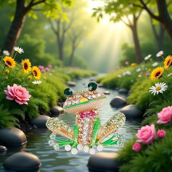 Green Frog Brooch Pins for Women, Cute Rhinestone Inlaid Fro...