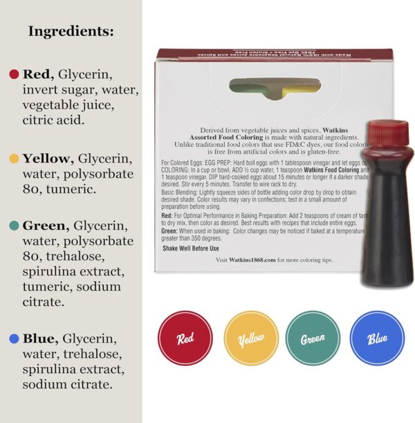 Watkins Assorted Food Coloring, 1 Each Red, Yellow, Green, B...