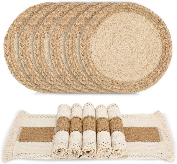 Handmade Boho Placemats Set of 6 - Natural Cotton Burlap and...