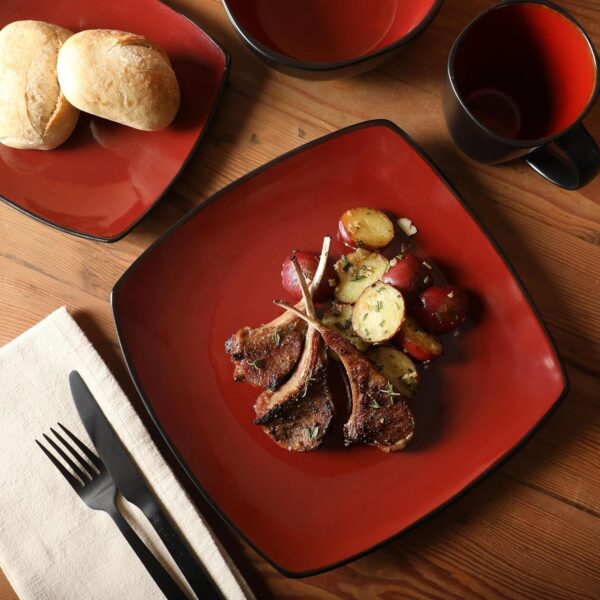 Gibson Soho Lounge Square Reactive Glaze Dinnerware Set, Red...