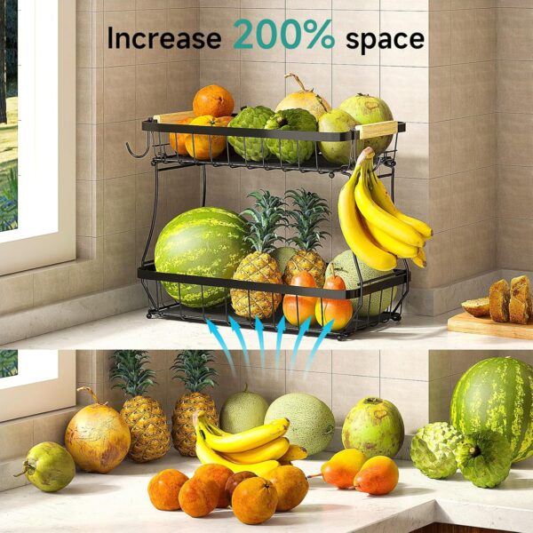 2 Tier Fruit Basket for Kitchen Counter with 2 Mobile Banana...